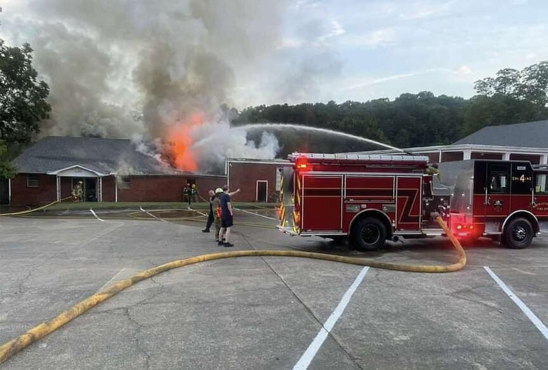 Firefighters work to extinguish a fire at Crystal Valley Baptist Church, 5507 Crystal Hill Road in North Little Rock, on Saturday, July 20, 2024. (Photo courtesy of Paul Loyd)