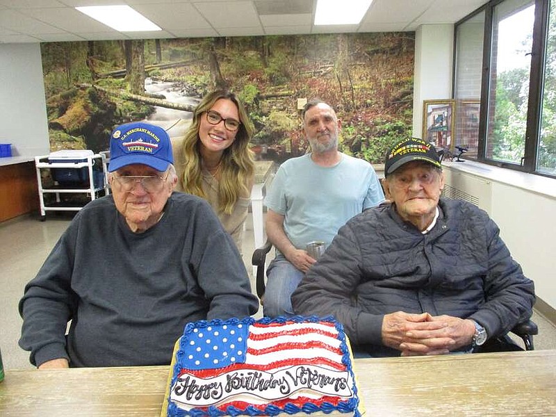 The Fayetteville/Springdale Elks Lodge provided a birthday cake, drinks, and cards for eight veterans from the Fayetteville Veterans Home with July birthdays. Fourteen veterans attended. Sarah Polk, a Junior at the University of Arkansas and an Elks Legacy Scholarship winner, brought cards with hand-written messages and assisted with the event. Sarah Polk, volunteer, helps veterans Napoleon Williams (from left), James McAdo and Chester Powlowski celebrate their July birthdays.

(Courtesy Photo)