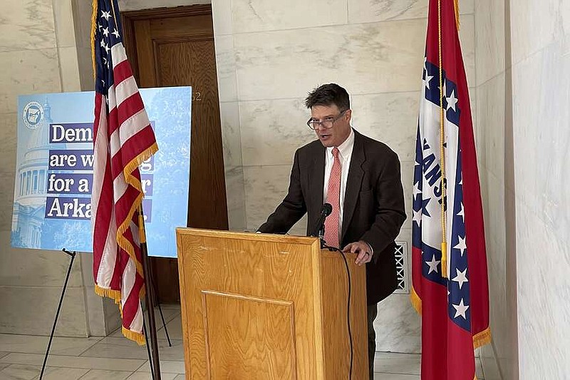 State Democratic Party Chairman Grant Tennille speaks to reporters at the State Capitol in Little Rock, Ark., on Tuesday, Nov. 14, 2023. (AP Photo/Andrew Demillo)