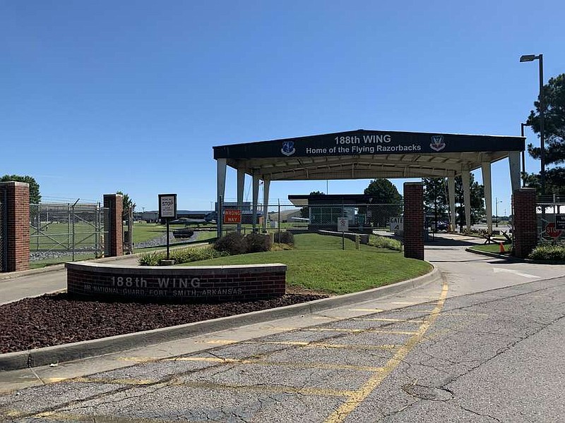 The entrance to Ebbing Air National Guard Base in this 2021 file photo. (NWA Democrat-Gazette/Thomas Saccente)