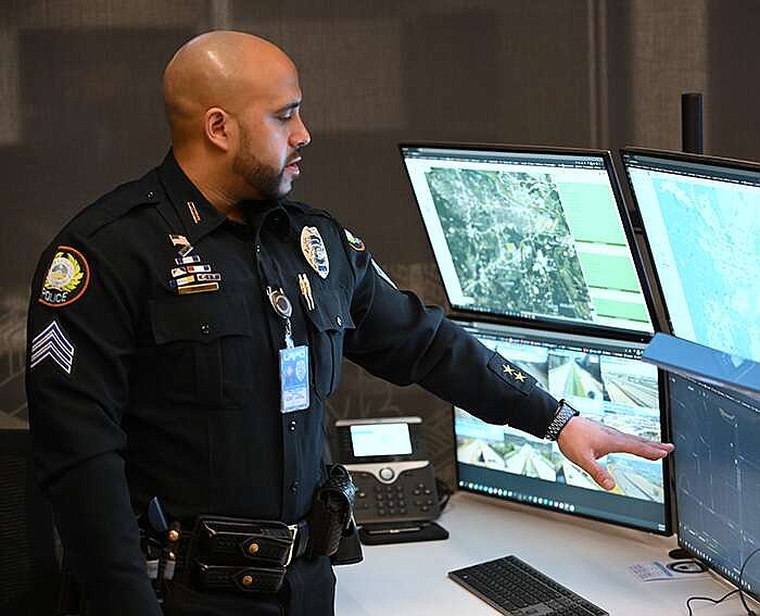 Sgt. Troy Dillard talks about the Real-time Crime Center capabilities during a meeting with members of the press at the Little Rock Police Department headquarters in this March 2024 file photo. (Arkansas Democrat-Gazette/Staci Vandagriff)