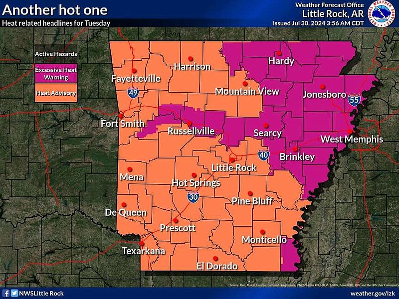 This graphic from the National Weather Service highlights where in Arkansas heat advisories and excessive heat warnings have issued for Tuesday. (National Weather Service/X)