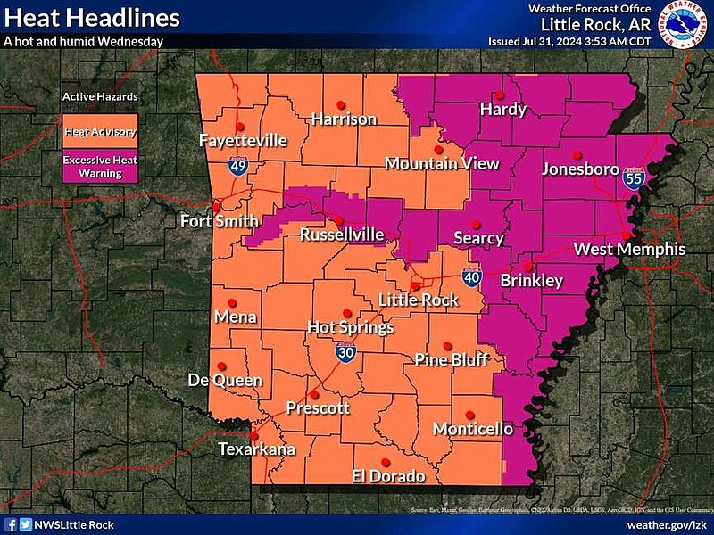 This graphic from the National Weather Service highlights portions of Arkansas under advisories or warnings related to heat. (National Weather Service/X)