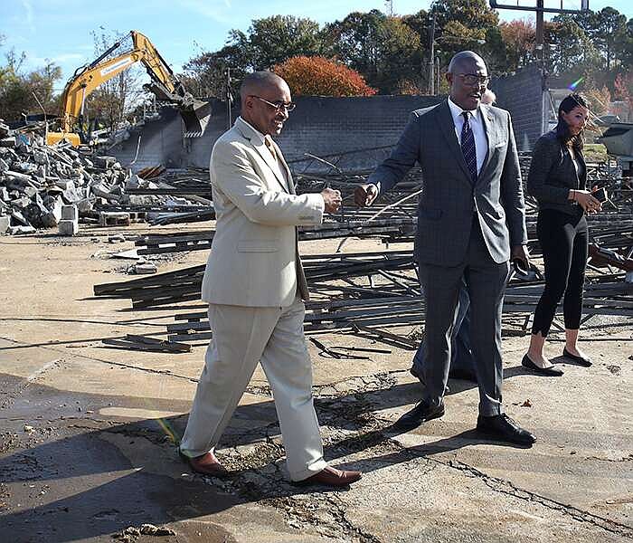 Little Rock City Director Ken Richardson, left, seen here with Mayor Frank Scott Jr. in 2021, is hospitalized, according to a city news release issued on Thursday. (Arkansas Democrat-Gazette/Thomas Metthe)