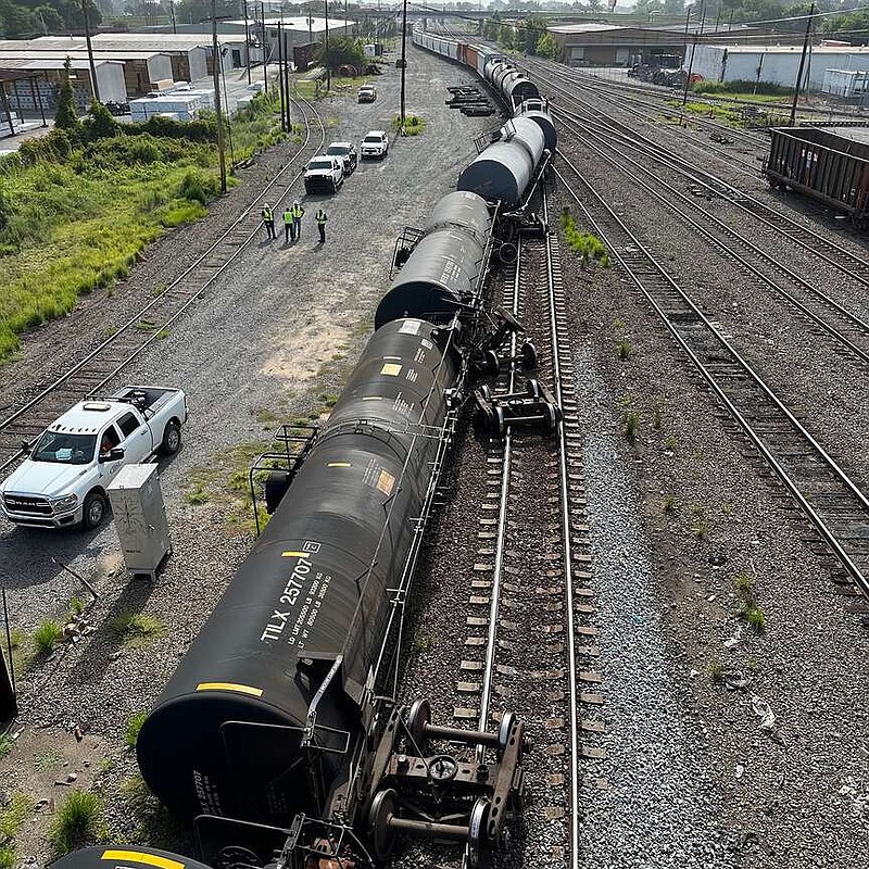 A section of a train that derailed Thursday morning can be seen from the Main Street bridge between 13th and 9th Streets in North Little Rock. (Arkansas Democrat-Gazette/Staci Vandagriff)