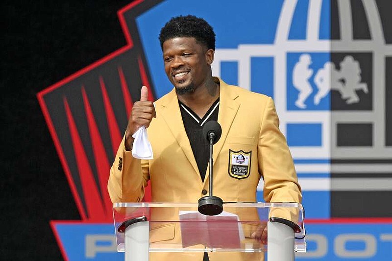 Former NFL player Andre Johnson speaks during his induction into the Pro Football Hall of Fame, Saturday, Aug. 3, 2024, in Canton, Ohio. (AP Photo/David Richard)