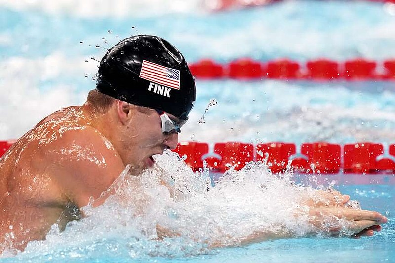 United States' Nic Fink competes in the men's 4x100-meter medley relay final at the Summer Olympics in Nanterre, France, Sunday, Aug. 4, 2024. (AP Photo/Tsvangirayi Mukwazhi)