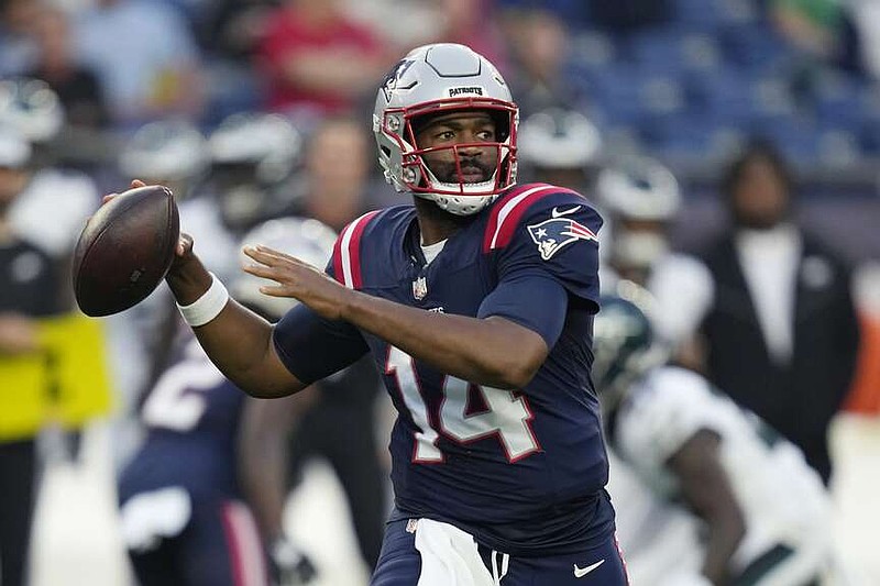 New England Patriots quarterback Jacoby Brissett passes during the first half of an NFL preseason football game against the Philadelphia Eagles, Thursday, Aug. 15, 2024, in Foxborough, Mass. (AP Photo/Charles Krupa)