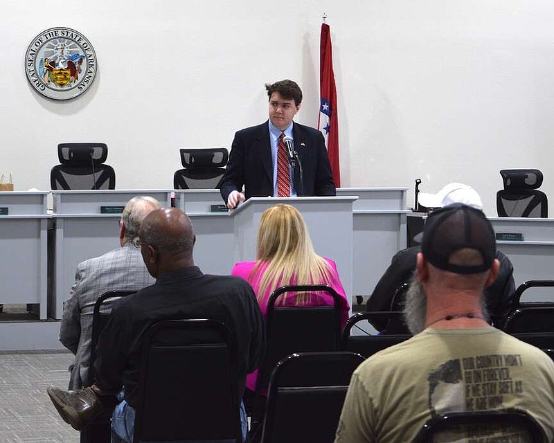 Justice of the Peace Dayton Myers, R-District 7, addresses the audience at a news conference he held in February at the Garland County Armory Building. (The Sentinel-Record/Donald Cross/File)