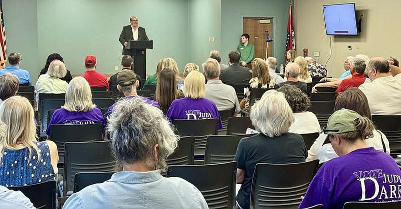 County Judge Darryl Mahoney addresses the crowd Tuesday at a justice of the peace candidate forum hosted by the Garland County Library in its auditorium. (The Sentinel-Record/Bryan Rice)