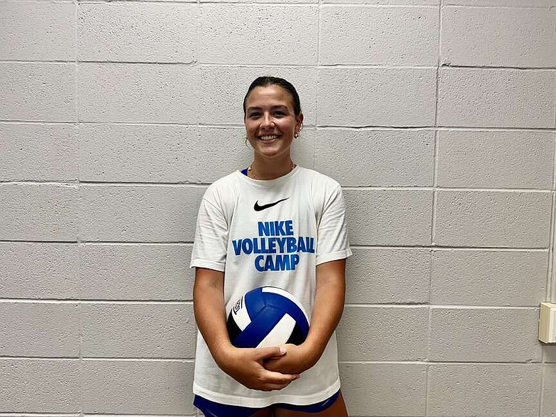 Jessieville Lady Lions' senior middle hitter Emma Storment is pictured in the hospitality room at Jessieville Sports Arena. (The Sentinel-Record/Bryan Rice)