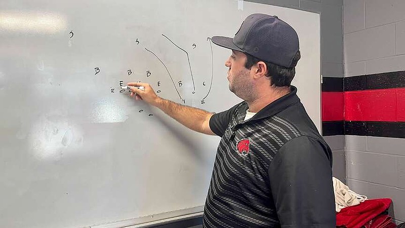 Cutter Morning Star Eagles offensive coordinator Noah Higdon draws a pass play on the whiteboard in the Eagles coaches' office on Oct. 3. (The Sentinel-Record/Bryan Rice)