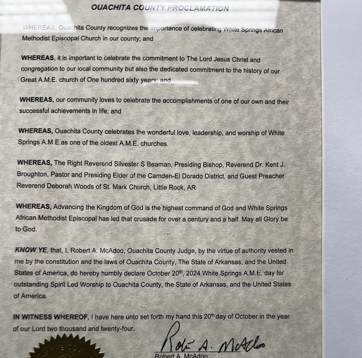 Judge McAdoo declares October 20, 2024, White Springs A.M.E day for the