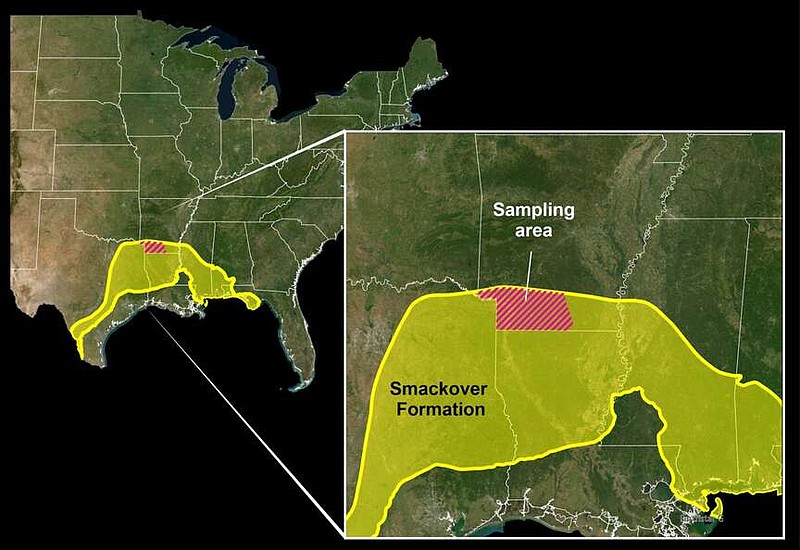 This map of the U.S. shows an inset area displaying highlighted areas for the Smackover Formation and sampling area. The Smackover formation (highlighted in yellow) covers the southern to eastern portion of Texas, southern portion of Arkansas, the upper half of Louisiana and some eastern areas, southern half of Mississippi, southwest area of Alabama, and portions of the Florida panhandle. The sampling area is located in the lower portion of Arkansas (highlighted with red stripes). (Photo contributed)