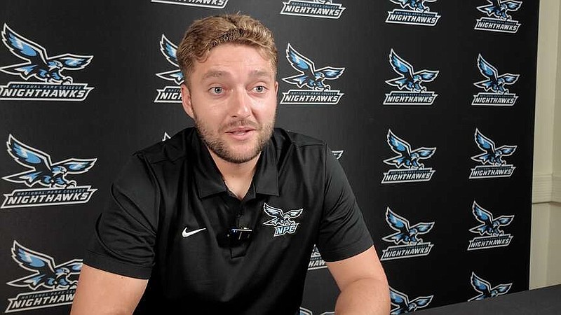 National Park College head soccer coach Corey Irvine is pictured in the media room at National Park College on Tuesday. (The Sentinel-Record/Bryan Rice)