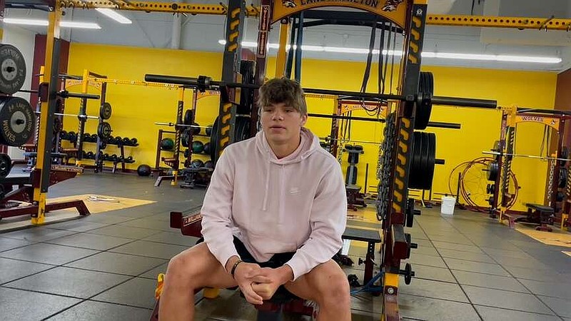 Lake Hamilton senior football player Hagan Tyler is shown in the Wolves training room on Tuesday. (The Sentinel-Record/Braden Sarver)