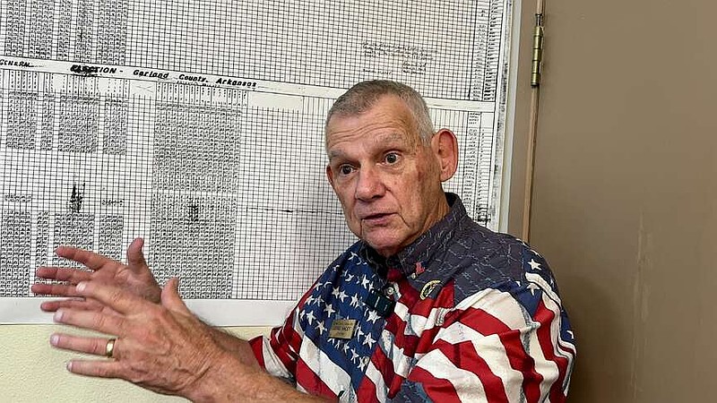 Garland County Election Coordinator/Election Commission Chairman Gene Haley talks about the tally sheet from the county's 1988 general election Tuesday at the Election Commission Building. (The Sentinel-Record/Bryan Rice)