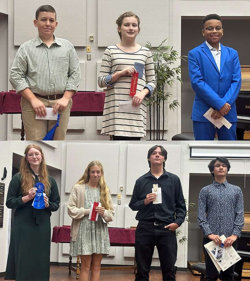 The 2024 James Herrin Piano Festival took place Saturday, Nov. 16, 2024, at Texarkana College in Texarkana, Texas. The festival is a collaboration between the TC Music Department and the Texarkana Music Teachers Association. TOP: Junior High Competition winners, from left, were Reece Altenbaumer, first place, Clovie Hoofman, second place and Elijah Smith, third place. BOTTOM: Senior High Competition winners were, from left, Audrey Ogden first place, Alli Altenbaumer, secnd place, Samuel Mauldin, third place and Horatio Foster, fourth place. (Photos courtesy of Mary Scott Smith)