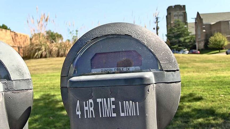 An expired meter is shown in Hill Wheatley Plaza in downtown Hot Springs in October. (The Sentinel-Record/Donald Cross/File)