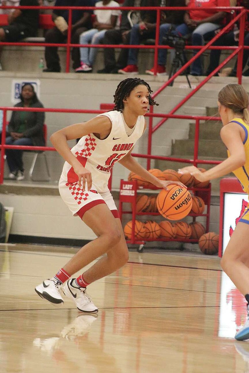 Camden Fairview sophomore Miciah Fusilier brings the ball down the floor during a game against Sheridan. The Lady Cardinals and Cardinals will host Fordyce for games on Friday night. (Photo via the CFHS Yearbook Staff)