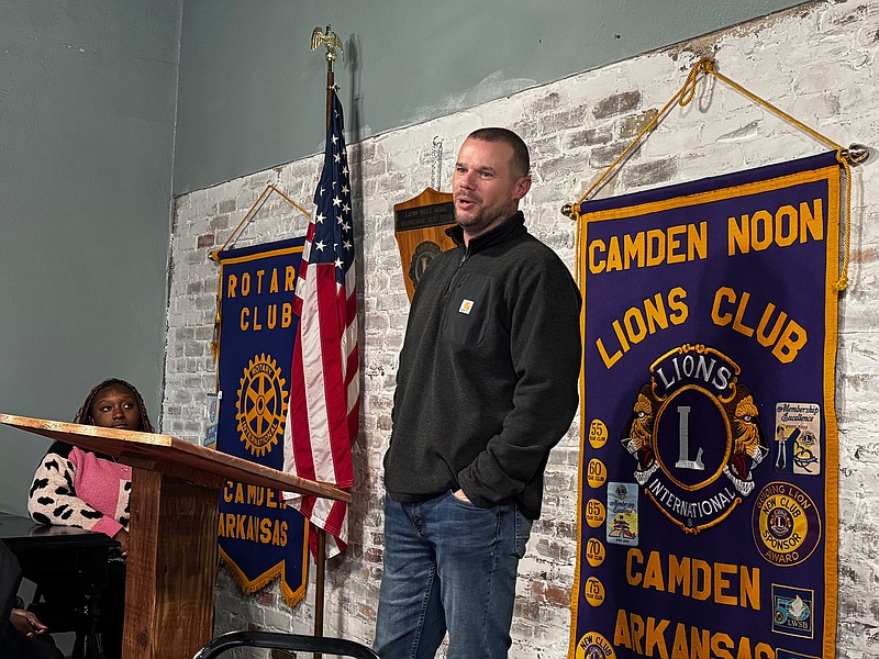 Casey Thomson tells the Camden Noon Lions Club about the plans for Camden Lanes. (Photo by Kate Flynn)