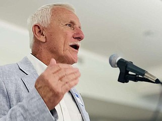Tommy Land, Arkansas Commissioner of State Lands, speaks at an event on Aug. 8, 2024, at First Methodist Church in Pine Bluff. (Arkansas Democrat-Gazette/Frank E. Lockwood)