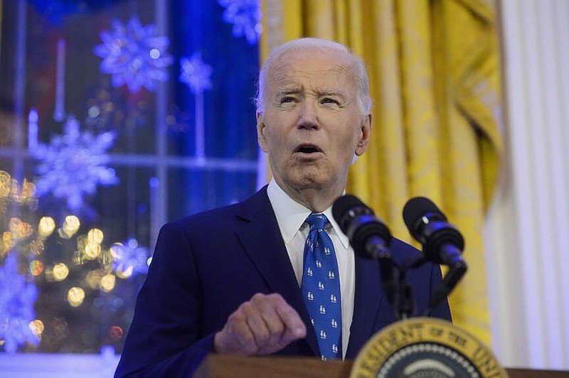 FILE - President Joe Biden speaks during a Hanukkah reception in the East Room of the White House in Washington, Monday, Dec. 16, 2024. (AP Photo/Rod Lamkey, Jr., File)