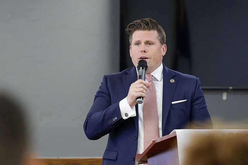 First Assistant Attorney General Brent Webster speaks during a meeting of the Williamson County Republican Women in Round Rock, Texas, on April 14, 2022. (Elias Valverde II/The Dallas Morning News/TNS)