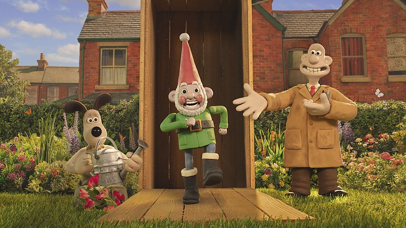 This image released by Netflix shows the characters Gromit, left, and Wallace, voiced by Ben Whitehead, right, with their robot knome, Norbot, voiced by Reece Shearsmith, in a scene from the film "Wallace & Gromit: Vengeance Most Fowl." (Netflix via AP)