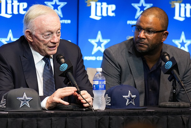 Dallas Cowboys owner and general manager Jerry Jones, left, and vice president of player personnel Will McClay address reporters at The Star in Frisco, Texas, after the team selected Oklahoma offensive lineman Tyler Guyton at No. 29 overall in 2024 NFL draft, on April 25, 2024. (Smiley N. Pool/The Dallas Morning News/TNS)