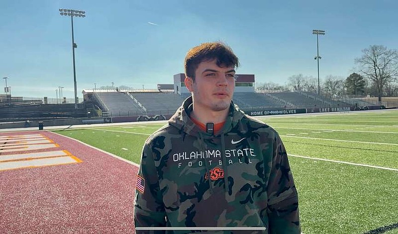 Oklahoma State redshirt sophomore linebacker Justin Crutchmer stands on the field at Wolf Stadium on Jan. 3. (The Sentinel-Record/Bryan Rice)