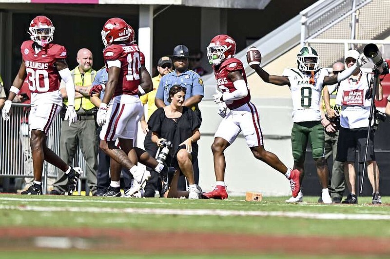 Alabama-Birmingham wide receiver Kam Shanks (8) reacts after scoring a touchdown, Sept. 14, 2024, during the first quarter of the Razorbacks' 37-27 win over the Blazers at Donald W. Reynolds Razorback Stadium in Fayetteville. Shanks is joining the Hogs for the 2025 season. (NWA Democrat-Gazette/Hank Layton)