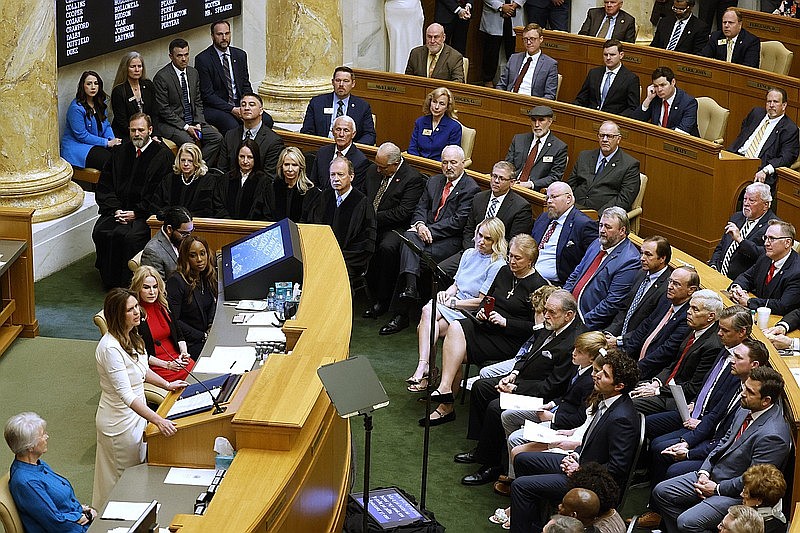 Arkansas Gov. Sarah Huckabee Sanders gives the 2024 State of the State address at the state Capitol in this April 10, 2024, file photo. (Arkansas Democrat-Gazette/Thomas Metthe)