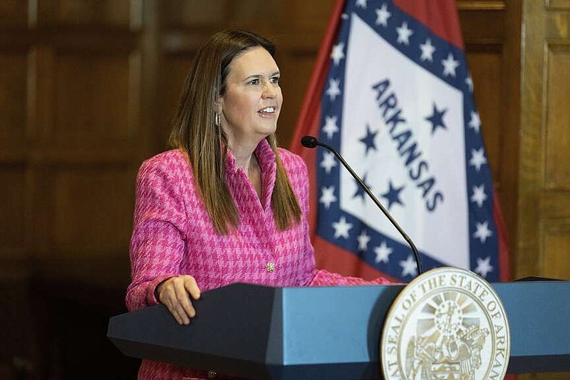 Gov. Sarah Huckabee Sanders speaks during a press conference Dec. 20, 2024, in the Governor's Conference Room at the Arkansas State Capitol in Little Rock. (File Photo/Arkansas Democrat-Gazette/Adam Vogler)