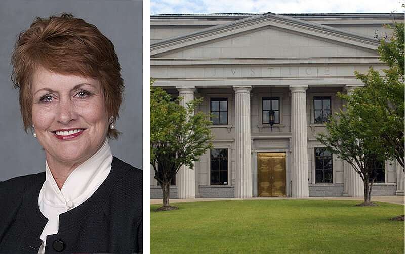 At left, Arkansas Chief Justice Karen Baker in an undated courtesy photo. At right, the Arkansas state Supreme Court building in Little Rock is shown in an undated file photo.