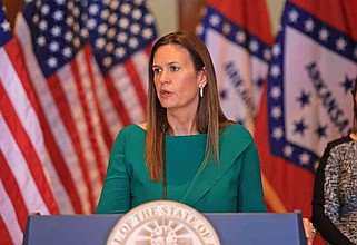 Gov. Sarah Huckabee Sanders speaks during a press conference at the Arkansas state Capitol on Tuesday, Jan. 28, 2025. (Arkansas Democrat-Gazette/Colin Murphey)