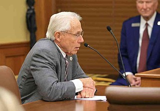 Rep. Jon Eubanks, R-Paris, answers questions about Senate Bill 142 regarding cell phone use by students in public schools during a meeting of the House Committee on Education at the Arkansas state Capitol on Tuesday, Feb. 11, 2025. (Arkansas Democrat-Gazette/Colin Murphey)