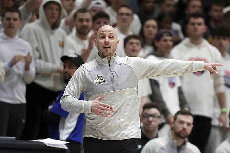 Bryant head coach Phil Martelli gestures in the second half of a NCAA college basketball game against Maine in the championship of the America East Conference tournament on Saturday, March 15, 2025, in Smithfield, RI (AP Photo/Michael Dwyer)