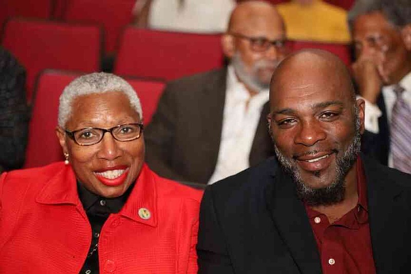 Mayoral Chief of Staff Joyce Campbell and Basil Shabazz, Pine Bluff Parks and Recreation's new athletic director, are recognized at Mayor Vivian Flowers' inaugural State of the City address. (Special to the Commercial/Andre Braswell)