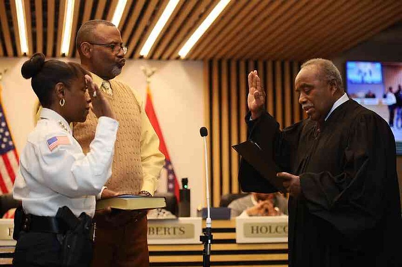 Acting Police Chief Shirley Warrior gets sworn in as the Interim Police Chief during Monday's city council meeting. (Special to the Commercial/Andre Braswell)