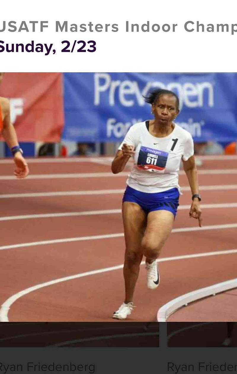 Vickie Liddell pours it on during her 200-meter run at a competition in Gainesville, Fla. (Special to The Commercial)