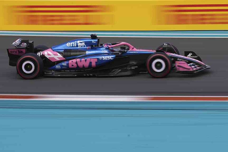 Alpine driver Pierre Gasly of France steers his car during the qualifying session for the Formula One Miami Grand Prix auto race, Saturday, May 3, 2025, in Miami Gardens, Fla. (AP Photo/Rebecca Blackwell)