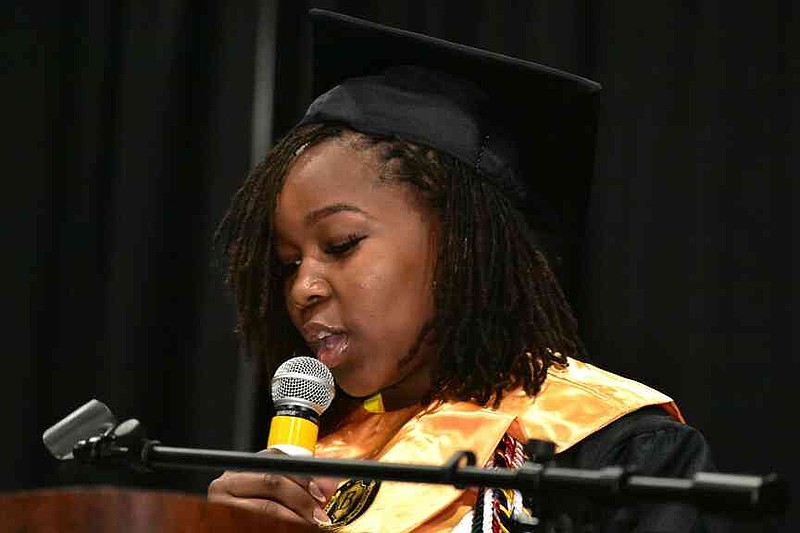 Watson Chapel valedictorian Trinity Mitchner acknowledges all who were part of her scholastic journey. (Pine Bluff Commercial/I.C. Murrell)