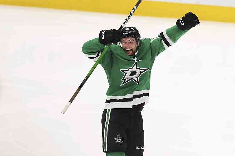 Thomas Harley celebrates Dallas Stars after scored in the NHL hockey playoff series in the NHL hockey playoff series against the Winnipeg Jets in Dallas on May 17, 2025. (AP Photo/Gareth Patterson)