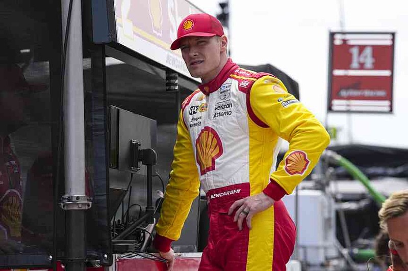 Josef Newgarden is waiting for the start of the training for the Indianapolis 500 Auto Race on the Indianapolis Motor Speedway in Indianapolis, Monday, May 19, 2025 (AP Photo/Michael Conroy)
