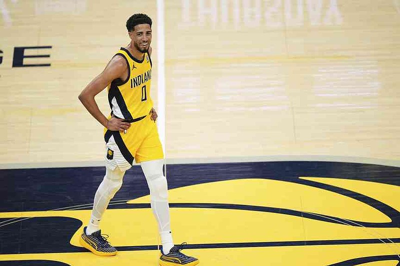 Indiana Pacers guard Tyrese Haliburton reacts after winning Game 6 of the Eastern Conference finals of the NBA basketball playoffs against the New York Knicks in Indianapolis, Saturday, May 31, 2025. (AP Photo/AJ Mast)