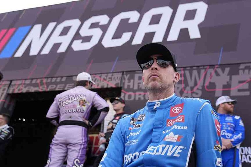 Denny Hamlin waits to be introduced before a NASCAR Cup Series auto race Sunday, June 1, 2025, in Lebanon, Tenn. (AP Photo/George Walker IV)