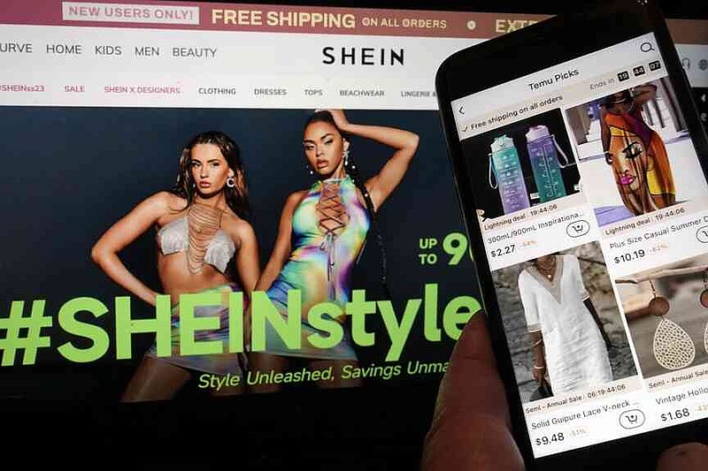 Pages from the Shein website, left, and from the Temu site, right, are shown in this photo, in New York, June 23, 2023.