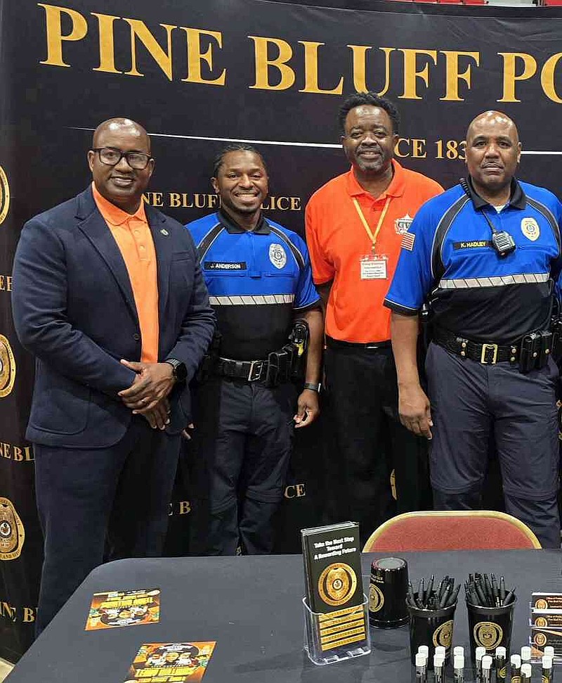 From left, Pine Bluff Police Lt. Deshawn Bennett, PBPD Patrol Officer Joe Anderson, Pine Bluff Group Violence Intervention Program Manager Kevin Crumpton and PBPD Assistant Chief Kelven Hadley are pictured. (Pine Bluff Commercial/Eplunus Colvin)