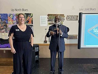Courtney Kline, left, dean of students at Southeast Arkansas College, and Charles King, executive director of the foundation at SEARK, address attendees at the June luncheon of the Pine Bluff Regional Chamber of Commerce. (Special to The Commercial/Pine Bluff Regional Chamber of Commerce)